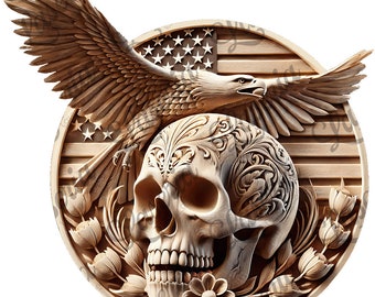 American Eagle & Skull Laser Engraving Design: Patriotic 3D Illusion (SVG, PNG)