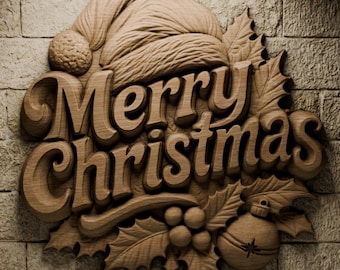 May include: A wooden carving of "Merry Christmas" with a Santa hat, holly leaves, and a Christmas ornament. The carving is in a warm brown tone and mounted on a brick wall, perfect for holiday decor.