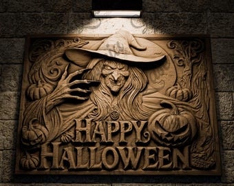 May include: A wooden carved sign with a witch holding a pumpkin and the text "HAPPY HALLOWEEN".