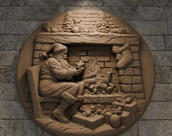 3D STL Design | Santa Claus by the Fireplace Bas-Relief | CNC Routers | 3D Printing