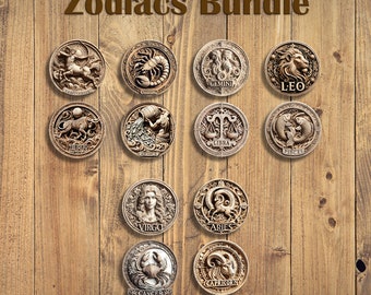May include: A set of 12 zodiac signs, each depicted in a circular wooden plaque with intricate carvings. The signs are arranged in a grid pattern on a wooden background. The signs include Aries, Taurus, Gemini, Cancer, Leo, Virgo, Libra, Scorpio, Sagittarius, Capricorn, Aquarius, and Pisces.