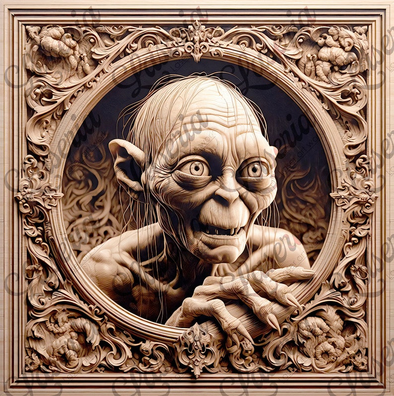 May include: A detailed wood carving of a character from the Lord of the Rings, Gollum, with large eyes and a wide mouth, framed in an ornate wooden frame.