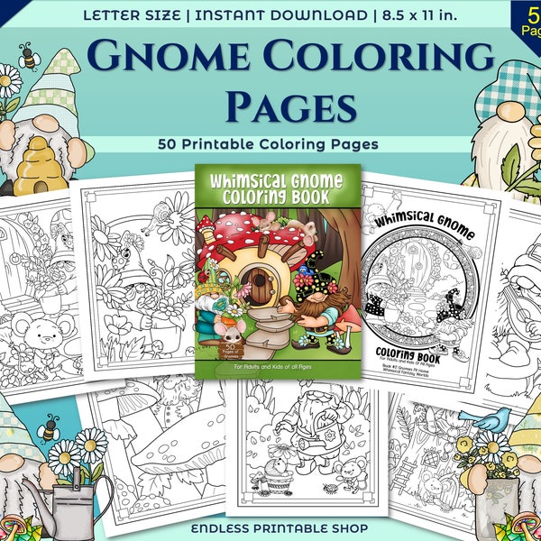 Gnome Coloring Pages, 50 Printable Gnome Coloring Pages for Kids, Boys, Girls, Teens, Adults, Instant Download Pdf,