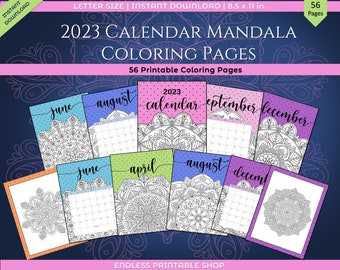 2023 afdrukbare kalender, Mandala kleuren, maandkalender, volwassen kleurkalender, dagelijkse planner, takenlijsten, instant download, PDF