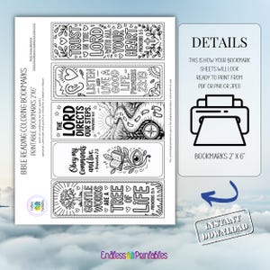 Op de afbeelding: Printbare Bijbellees kleurboekenleggers. Het ontwerp bevat vijf boekenleggers met inspirerende citaten en illustraties. Elke boekenlegger meet 5,08 cm bij 15,24 cm. Het ontwerp bevat de tekst "Direct downloaden".