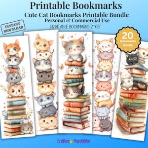 Segnalibri a forma di gatto, set di segnalibri stampabili, libri impilati, file PNG digitali, regalo per gli amanti dei gatti, download immediato, regalo per gli amanti dei libri.