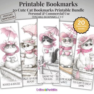 Lot de 20 signets chat mignon citations fichier PNG numérique, cadeau pour les amoureux des chats, cadeau pour les amoureux des livres, conception de marque-page par sublimation