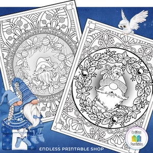May include: Two black and white coloring pages featuring a gnome wearing a Santa hat and holding a wreath. The gnome is surrounded by intricate designs. The word "Endless Printables" is in the bottom right corner of the image.