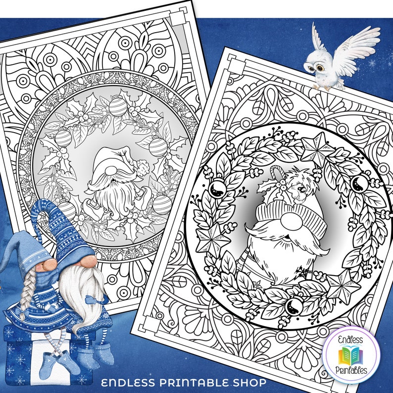 May include: Two black and white coloring pages featuring a gnome wearing a Santa hat and holding a wreath. The gnome is surrounded by intricate designs. The word "Endless Printables" is in the bottom right corner of the image.
