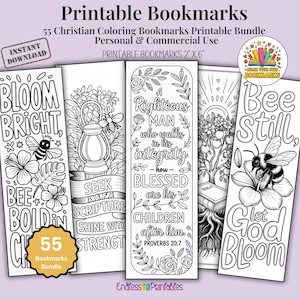 May include: A bundle of five printable coloring bookmarks. Each bookmark features unique designs with inspirational quotes, flowers, bees, and other illustrations. The bookmarks are 2" x 6" and include the text "Bloom Bright", "Bee Bold", "Seek Scripture", and "Bee Still".