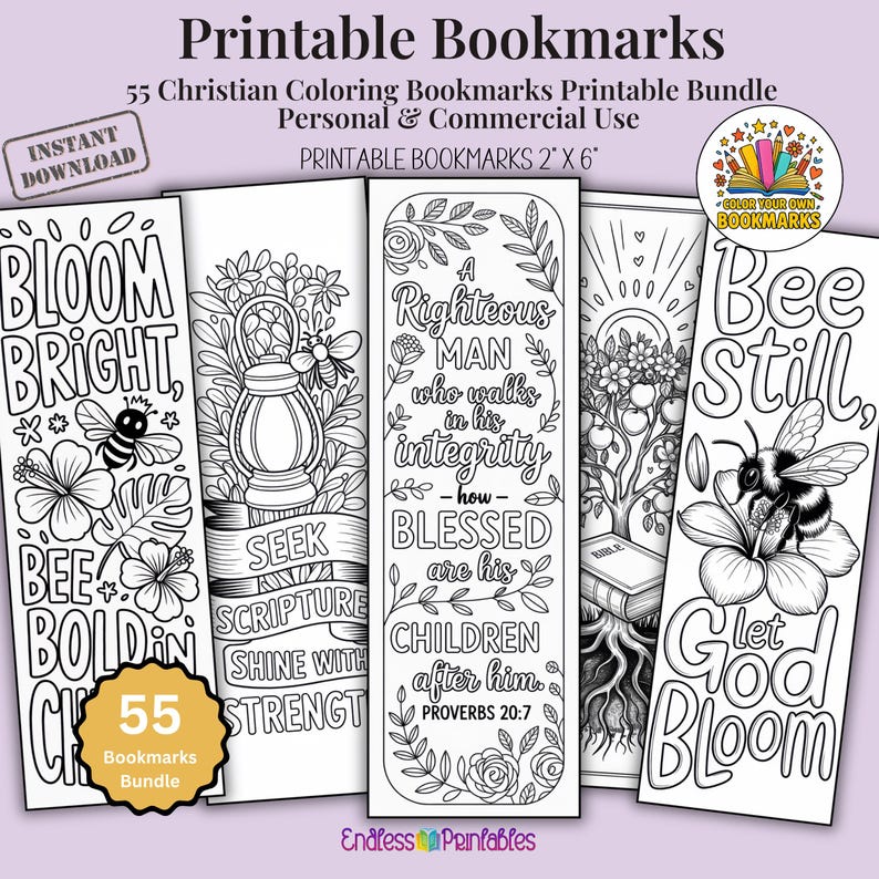 Pode incluir: Um conjunto de cinco marcadores para colorir imprim&iacute;veis. Cada marcador apresenta designs exclusivos com cita&ccedil;&otilde;es inspiradoras, flores, abelhas e outras ilustra&ccedil;&otilde;es. Os marcadores medem 5 cm x 15 cm e incluem o texto "Bloom Bright", "Bee Bold", "Seek Scripture" e "Bee Still".