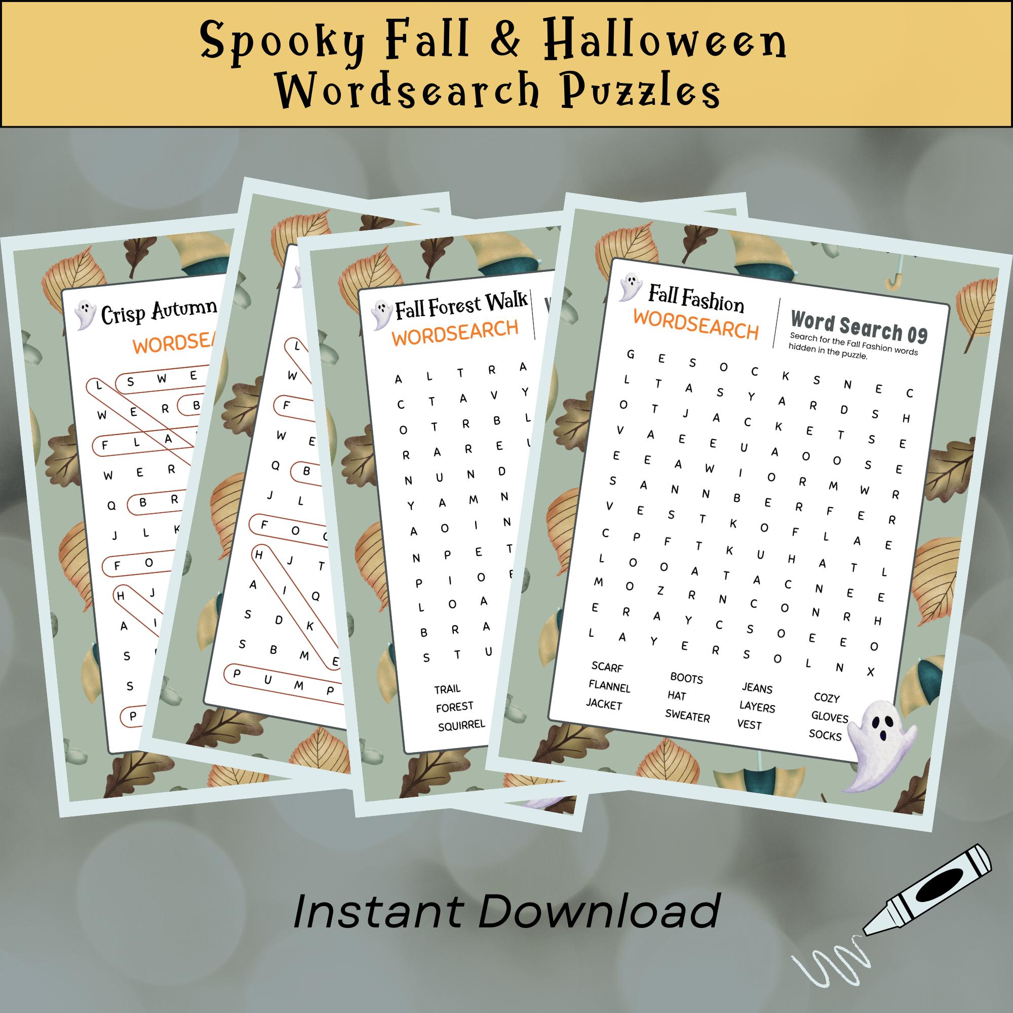 Fall & Halloween Word Search Bundle - 20 Spooky Puzzles (PDF/PNG) With ...