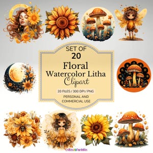 Watercolor Litha Clipart PNG Set, Floral Pagan Holiday Wiccan Art Illustration Clip art, Summer Solstice png, Litha Sun Goddess Sublimation