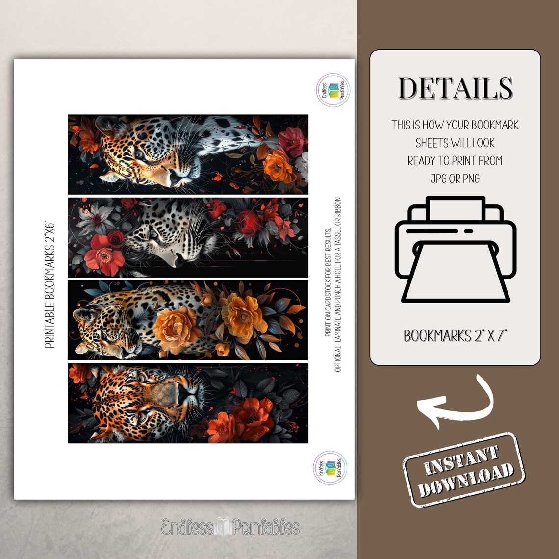 Leopard Floral Bookmark Printable Animal Bookmarks Bundle Sublimation ...
