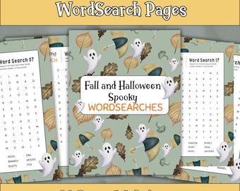 May include: A collection of Fall and Halloween word search puzzle books. The covers feature a spooky theme with ghosts, umbrellas, and autumn leaves. The title reads "Fall and Halloween Spooky Wordsearches". The set includes 20 pages with answers.