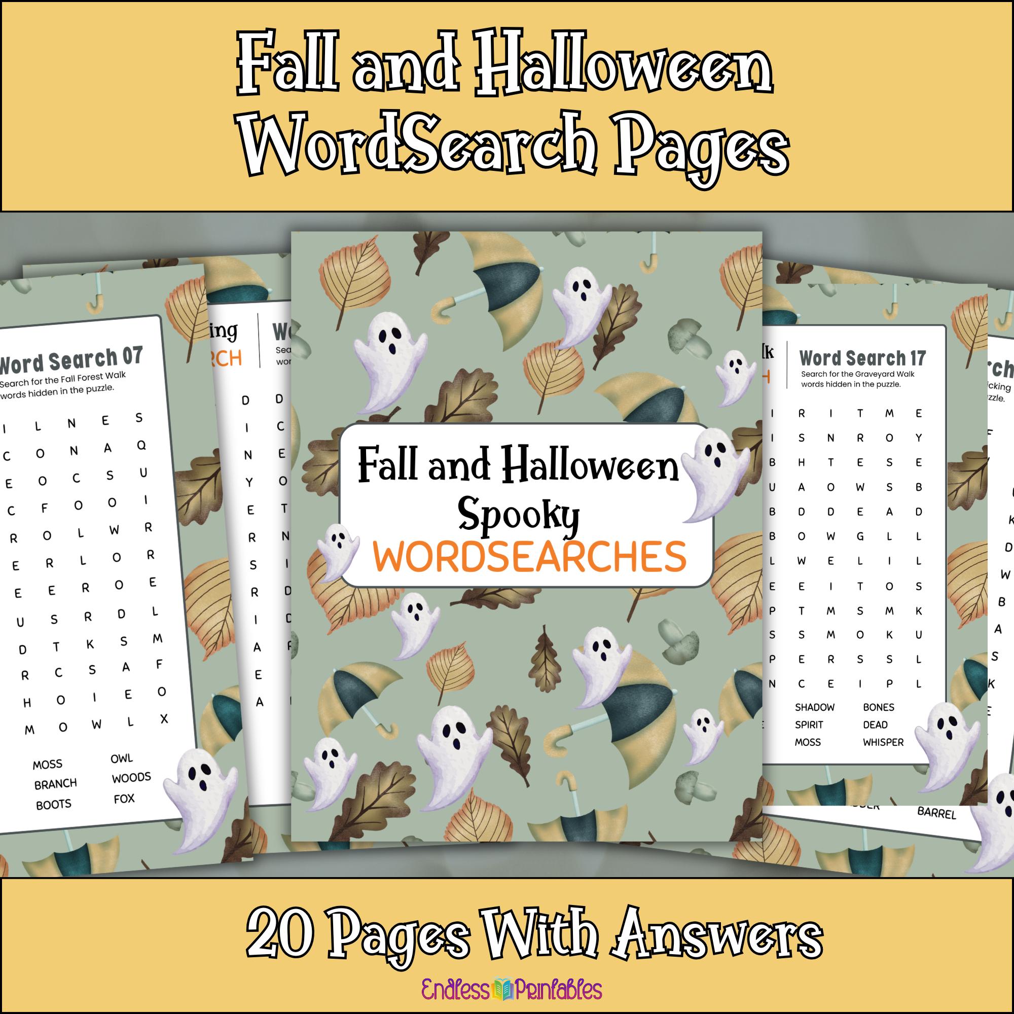 Fall & Halloween Word Search Bundle - 20 Spooky Puzzles (PDF/PNG) With ...