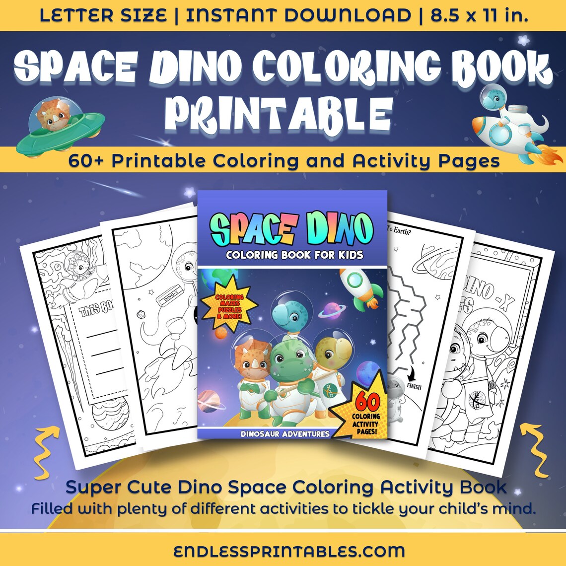 Space Dino Coloring Book for Kids Printable Dinosaur - Etsy