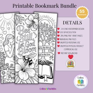 Pode incluir: Um pacote de marcadores imprim&iacute;veis com designs em preto e branco. Os marcadores incluem ilustra&ccedil;&otilde;es de uma mulher, uma abelha em uma flor e uma &aacute;rvore com um livro aberto. O texto inclui "Bee Still, Let God Bloom" e "Pause, Pray, Peace".