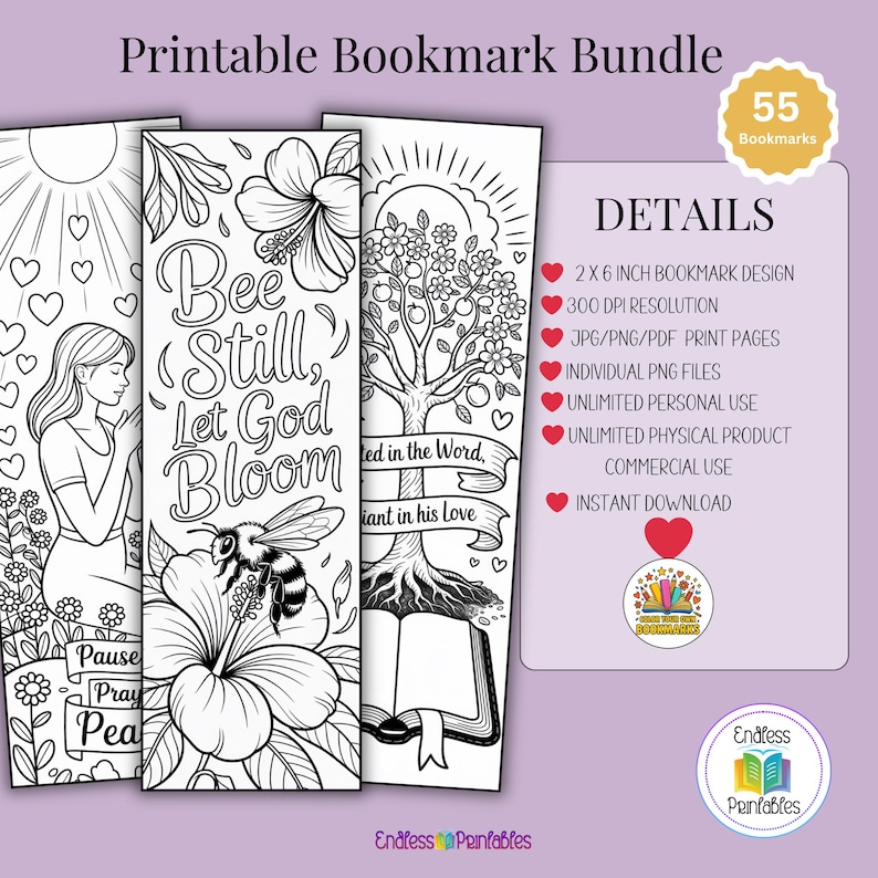 Pode incluir: Um pacote de marcadores imprim&iacute;veis com designs em preto e branco. Os marcadores incluem ilustra&ccedil;&otilde;es de uma mulher, uma abelha em uma flor e uma &aacute;rvore com um livro aberto. O texto inclui "Bee Still, Let God Bloom" e "Pause, Pray, Peace".