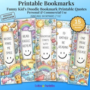 Cute Kids Printable Bookmarks Quote DIY Bookmarks Gifts For Kids Party Favors Back to School Doodle Student Gifts, PNG, Instant Download