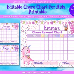 Editable Chore Chart For Kids | Dinosaur Chore Chart | Printable Kids Reward Chart |Printable Chore Chart Kids|Pink Purple Girls Chore Chart