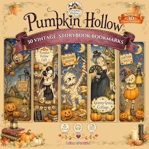 Vintage Halloween Bookmarks Printable, 30 Pumpkin Hollow Watercolor Bookmarks and a Coloring Bonus Set