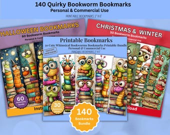 Printable Bookmark Bundle: 140 Bookworm Quirky, Halloween, Christmas Designs  (PDF & PNG)