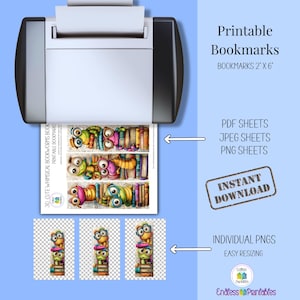 May include: A printer is shown with a sheet of printable bookmarks featuring colourful cartoon bookworms. The bookmarks are 5.08 cm by 15.24 cm. The image also includes the text "Printable Bookmarks" and "Instant Download."