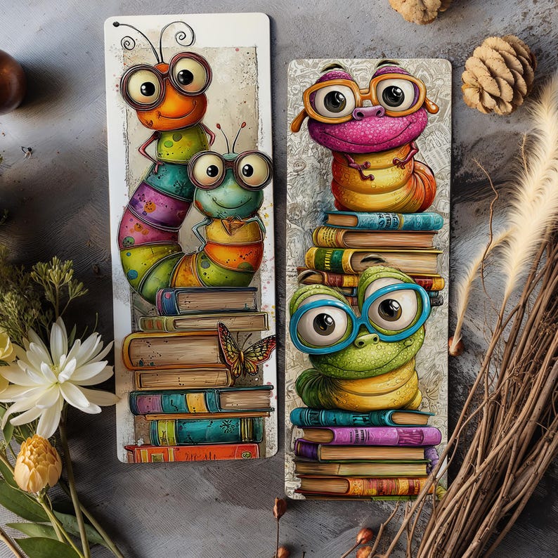 May include: Two whimsical bookmarks featuring cartoon caterpillars. One bookmark shows two caterpillars atop a stack of books, with a butterfly. The other bookmark shows two caterpillars wearing glasses, also atop stacks of books. The bookmarks have a white background.
