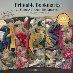 Puede incluir: Conjunto de 20 marcapáginas imprimibles con dragones de fantasía en varios colores y poses. Los marcapáginas miden 5 cm por 15 cm y son perfectos para los amantes de los libros.