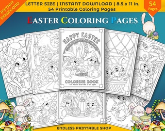 May include: A set of 54 printable Easter coloring pages featuring bunnies, eggs, and other Easter-themed illustrations. The pages are designed for adults and children of all ages. The cover page features the text "Happy Easter Coloring Book".