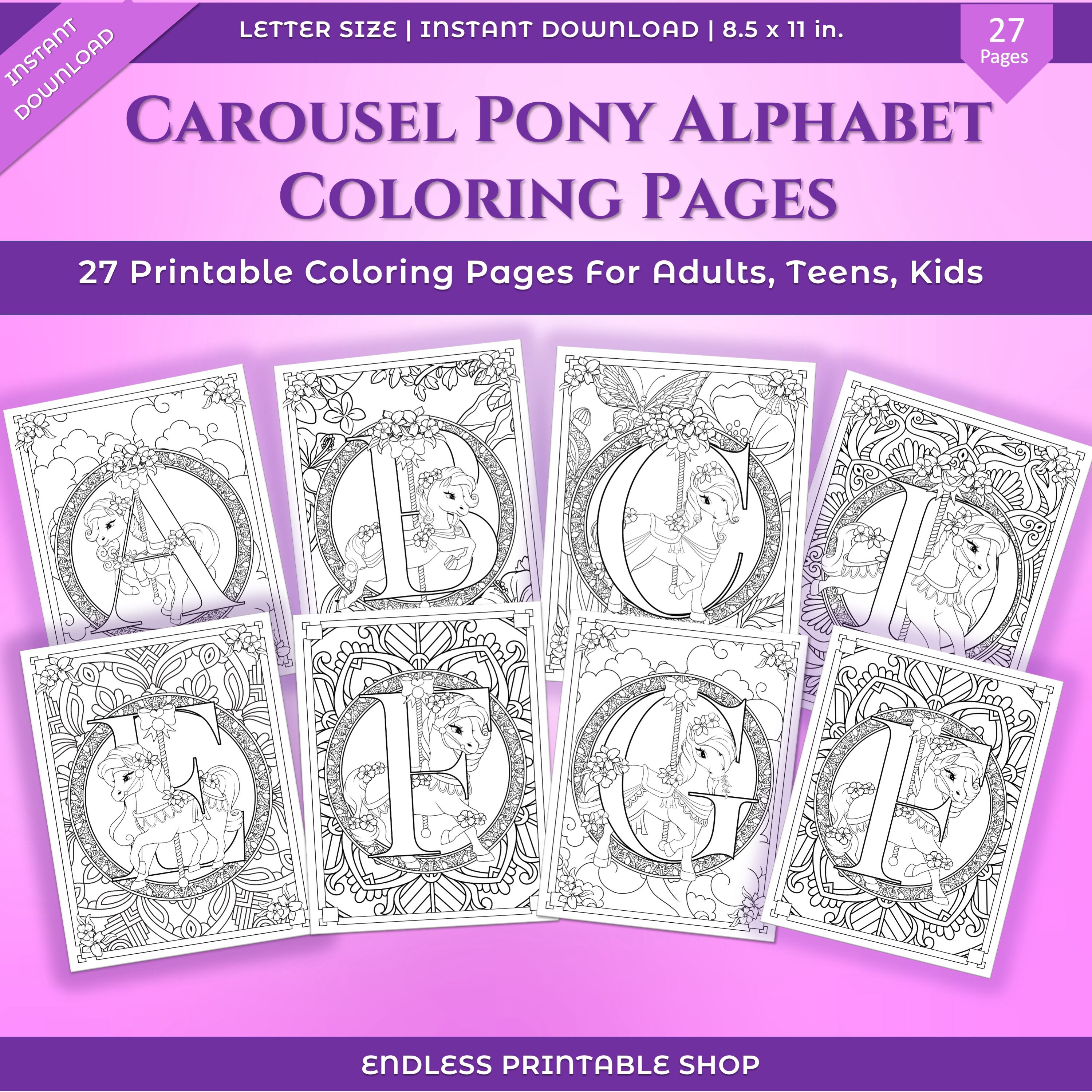 Carousel Pony Alphabet Coloring Pages - 27 Printable Sheets (PDF) - Etsy