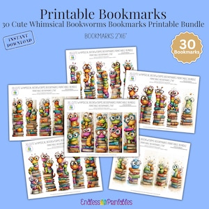 May include: A set of printable bookmarks showcasing vibrant, whimsical bookworms perched on piles of books. The text includes "Printable Bookmarks" and "30 Cute Whimsical Bookworms Bookmarks Printable Bundle". Each bookmark measures 5cm x 15cm.