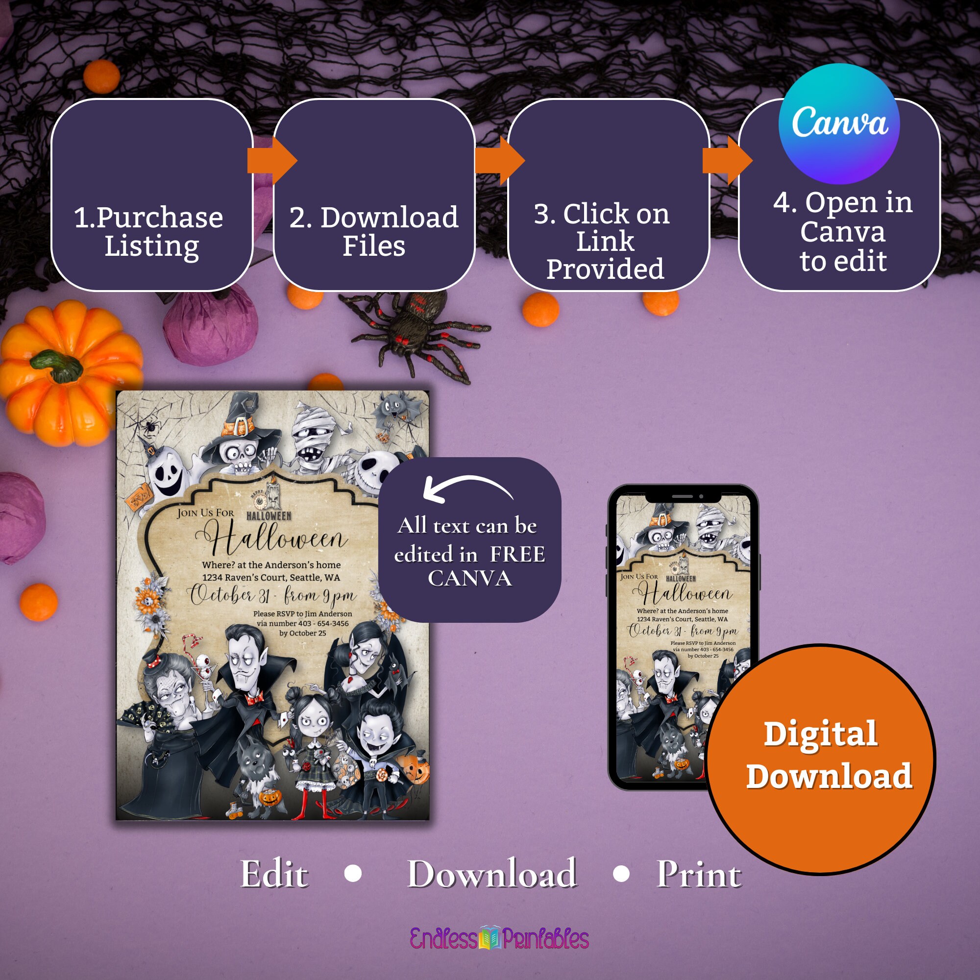 Spooky Fun, Editable Printable Adult Halloween Party Invitation ...