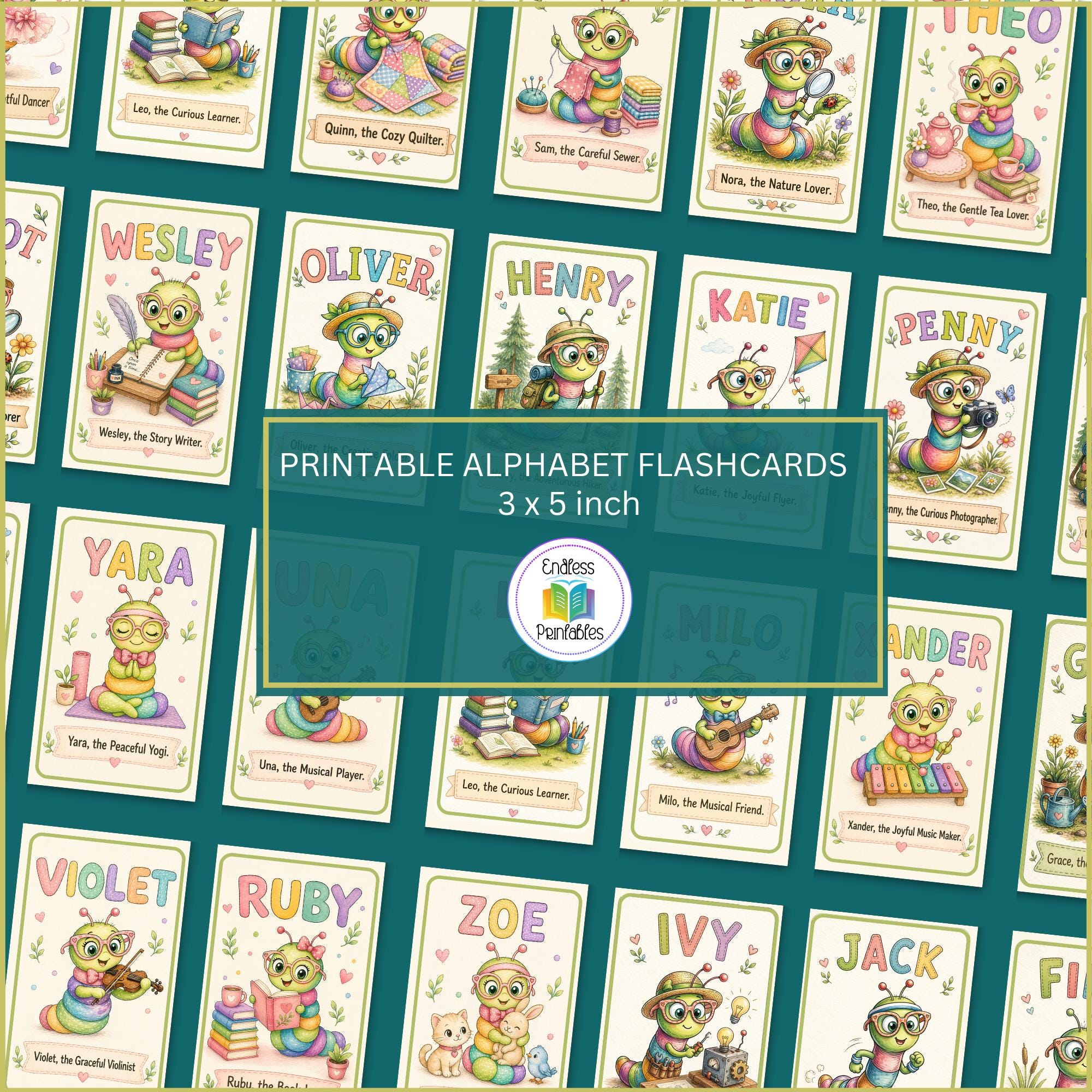 Printable Alphabet Flashcards Front and Back | A-Z Bookworm ABC Cards