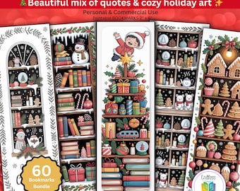 Christmas Bookmarks Printable, Holiday Bookmark Bundle, 60 Festive Designs, Instant Download