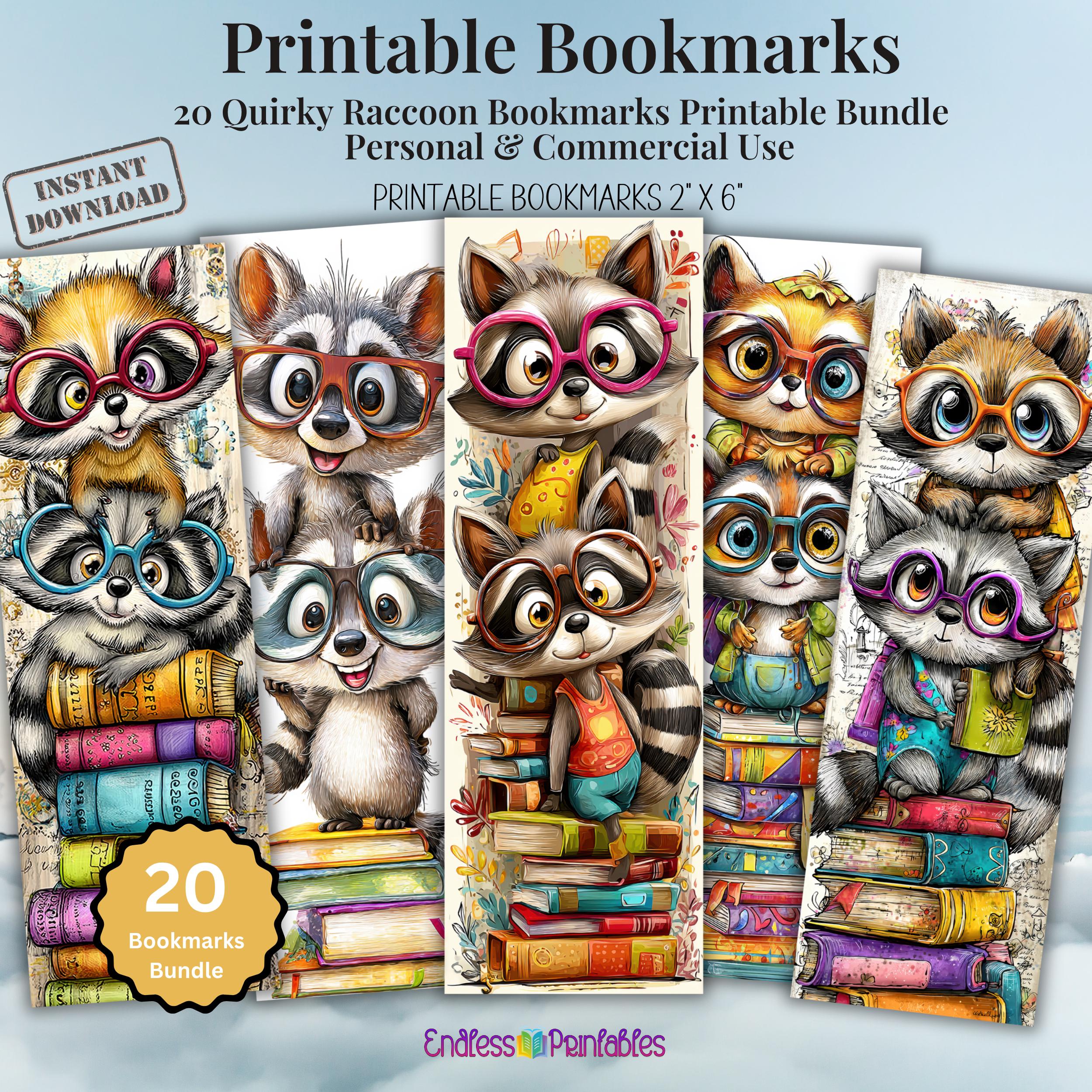 20 Raccoon Bookmarks Printable Cute Book Lover Gift, Funny Raccoon Art, Sublimation PNG Pdf, Raccoon Lover Gift, Instant Download