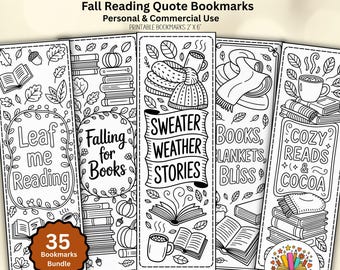 May include: A collection of black and white printable bookmarks with fall-themed quotes and illustrations. The bookmarks include phrases like "Leaf me Reading" and "Sweater Weather Stories." Each bookmark is 2" x 6".