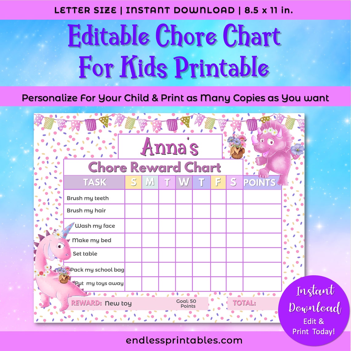 Editable Chore Chart for Kids Dinosaur Chore Chart Printable Kids ...