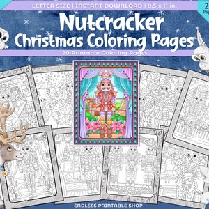 May include: A set of 20 printable Nutcracker Christmas colouring pages. The pages feature illustrations of a Nutcracker soldier, a reindeer, and other Christmas characters. The pages are 8.5 x 11 inches.