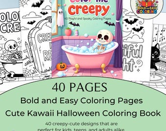 May include: A "Color Me Creepy" coloring book with 40 playful and spooky pages. The cover features a skeleton in a pink bathtub, bats, and the text "color me creepy". The book is designed for kids, teens, and adults.