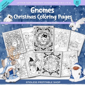May include: A set of 40 printable coloring pages featuring gnomes celebrating Christmas. The pages are in black and white and feature various scenes, including gnomes decorating a tree, gnomes baking cookies, and gnomes riding a sleigh.