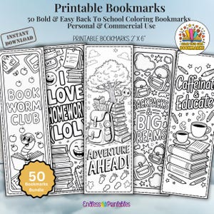 May include: A collection of five black and white printable bookmarks with school-themed illustrations. Each bookmark features unique designs, including a bookworm, stacks of books, backpacks, and the text "Adventure Ahead!" The bookmarks are 2" x 6".