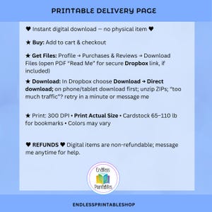 Op de afbeelding: Een afdrukbare leveringspagina met instructies voor digitale downloads. De pagina bevat stappen voor het kopen, downloaden en afdrukken van bestanden. Het vermeldt ook terugbetalingen en de naam van de winkel, Endless Printableshop.