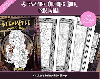 Steampunk Coloring Book - 50 Printable Victorian Fashions, Mechanical Animals (PDF)