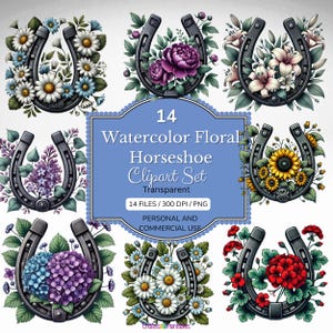 Watercolor Floral Horseshoe Clipart: Western Flower PNG Set Digital Download