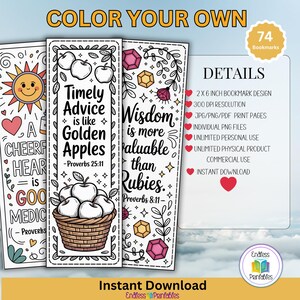 Op de afbeelding: Inkleur-bladwijzers met inspirerende citaten en illustraties. Het ontwerp bevat een zon, harten, appels en geometrische vormen. De tekst bevat "Timely Advice is like Golden Apples" en "Wisdom is more valuable than Rubies."