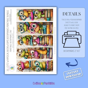 May include: A printable bundle of 30 whimsical bookworm bookmarks, each 5 x 15 cm. The colourful bookmarks feature cartoon bookworms with large eyes and stacks of books. The image includes the text "Instant Download" and "Bookmarks 2" x 6".