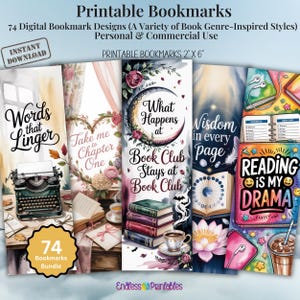 May include: A collection of printable bookmarks with various designs, including a typewriter, floral arrangements, and book-themed quotes. The bookmarks are 2" x 6" and feature phrases like "Words that Linger" and "Reading is my Drama". The bundle includes 74 designs.
