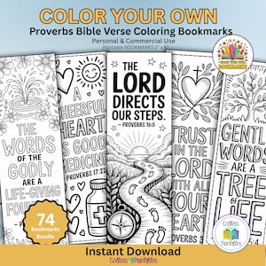 May include: A collection of printable coloring bookmarks featuring Bible verses from Proverbs. Each bookmark is 2" x 6" and includes inspirational quotes and illustrations. The set includes 74 bookmarks, perfect for personal or commercial use.